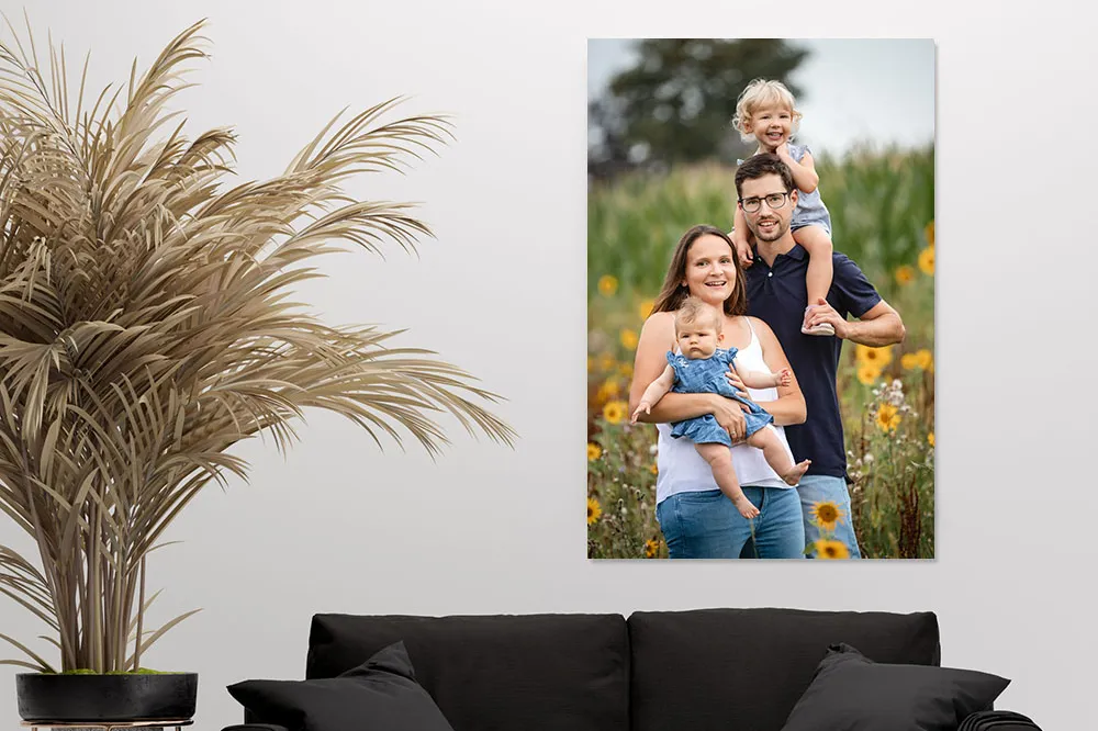 Fotoshooting Familie Mutter Vater Kind auf Wandbild Leinwand Alu Dibond